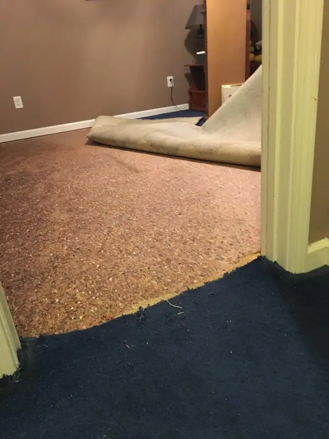 Carpet pad removal revealing water damage during Water Mitigation Services in Las Flores
